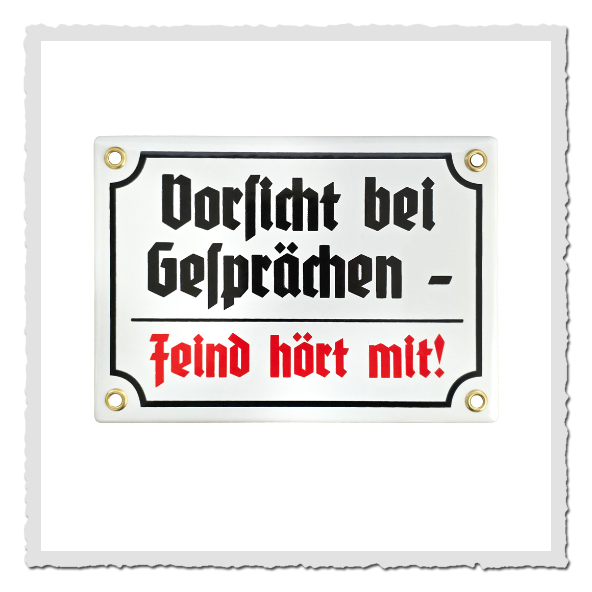 Emailleschild „Vorsicht bei Gesprächen – Feind hört mit!“ in Weiß mit Retro-Schrift, 17×12 cm